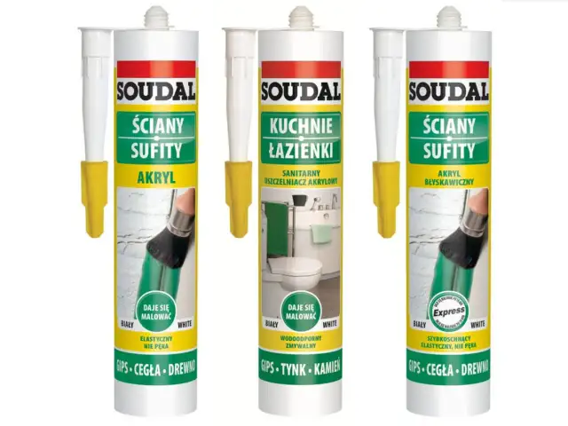 Trzy tuby akrylu Soudal do ścian i sufitów. Jeden produkt to akryl błyskawiczny, idealny do maskowania pęknięć.