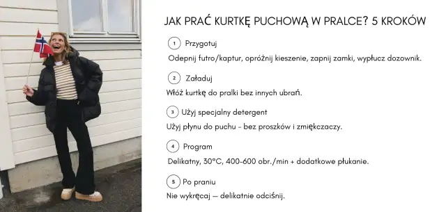 Kobieta z flagą Norwegii pokazuje, jak prać kurtkę puchową w pralce. Instrukcja krok po kroku.
