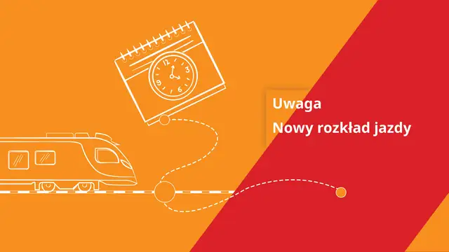 Uwaga! Nowy rozkład jazdy PKP na trasie Warszawa Olsztyn. Pociąg i kalendarz z zegarem symbolizują zmianę.