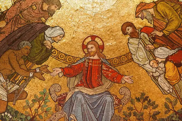 Jezus w otoczeniu ludzi, w tym niewierny Tomasz, który wyciąga rękę do jego boku.