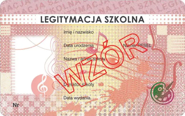 Legitymacja szkolna z polami na dane, nutami i znakiem wodnym "WZÓR".