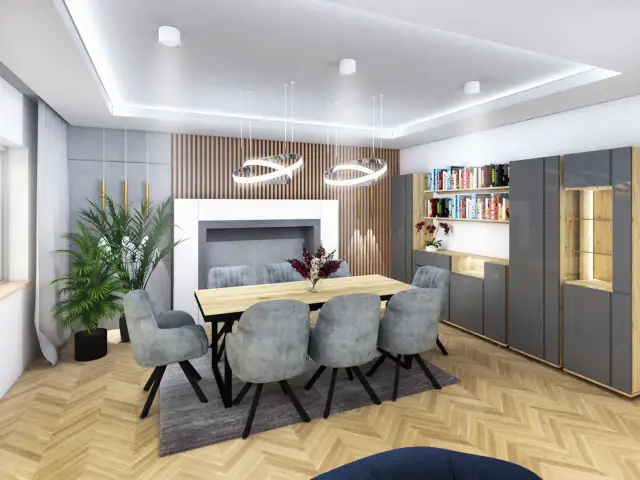 Nowoczesny salon: jak zmodernizować salon z lat 90 bez generalnego remontu. Drewniane lamele, szare meble i designerskie oświetlenie.