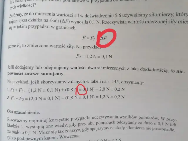 Fragment tekstu z fizyki z zaznaczonym symbolem ΔF i równaniami.