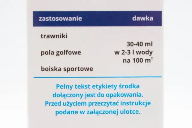 Instrukcja stosowania środka do pielęgnacji trawników, pól golfowych i boisk sportowych. Dawka: 30-40 ml na 100 m².