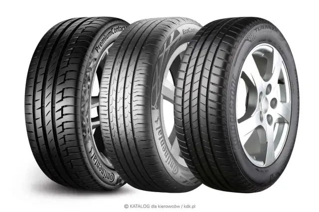 Trzy opony samochodowe, w tym opony samouszczelniające Continental i Bridgestone, prezentowane na białym tle.