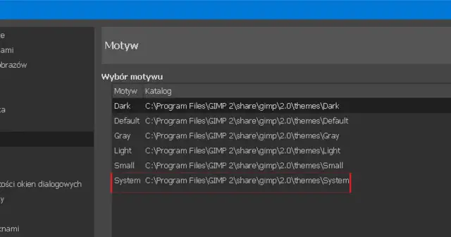 GIMP podstawy: wybór motywu interfejsu. Widoczna lista dostępnych motywów, w tym "System", zlokalizowanych w katalogu GIMP.