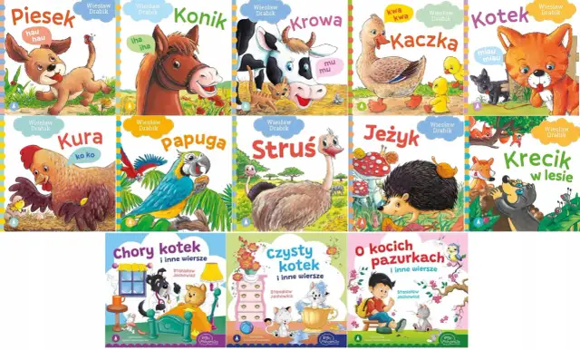 Okładki książek z wierszami o zwierzętach. Na jednej z nich chory kotek leży w łóżku, a piesek-lekarz go bada.