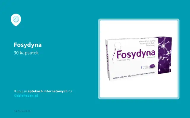 Opakowanie suplementu diety Fosydyna 30 kapsułek. Czy Fosydyna jest na receptę? Nie, to suplement diety.