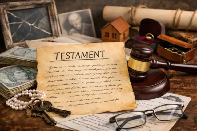 Na stole leży dokument z napisem "TESTAMENT", obok młotek sędziowski, pieniądze, klucze i okulary.