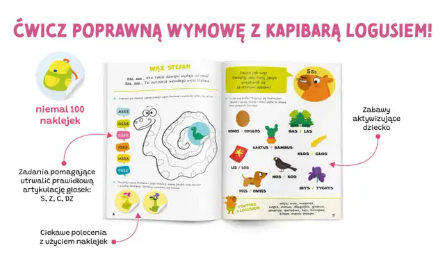 Krzyżówki logopedyczne z wężem Stefanem i kapibarą Logusiem pomagają utrwalić prawidłową wymowę głosek S, Z, C, DZ poprzez ćwiczenia i naklejki dla dzieci.