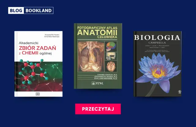 Okładki książek: zbiór zadań z chemii, atlas anatomii człowieka, biologia.