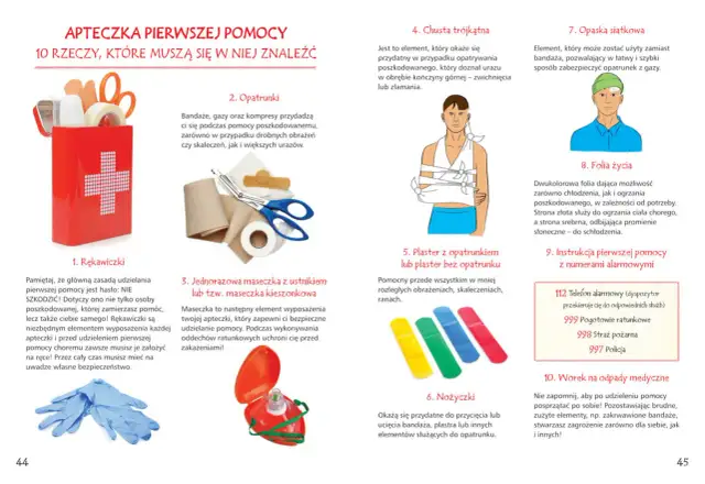 Apteczka pierwszej pomocy: rękawiczki, opatrunki, maseczka, chusta trójkątna, plastry, nożyczki, opaska, folia życia, instrukcja, worek na odpady. Materiały do udzielania pierwszej pomocy dzieciom.