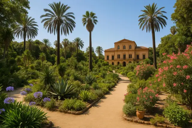 Aleja w **ogrodzie botanicznym Palermo** prowadzi do zabytkowego budynku, otoczonego bujną zielenią, palmami i kwitnącymi krzewami.