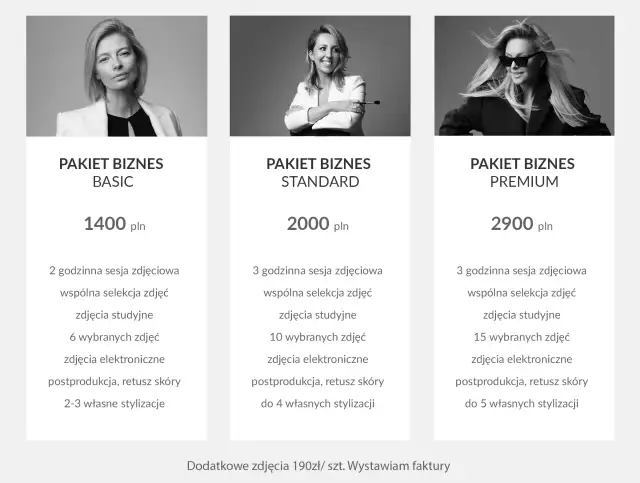 Trzy portrety kobiet w ramach ofert pakietów fotograficznych: Basic, Standard, Premium.