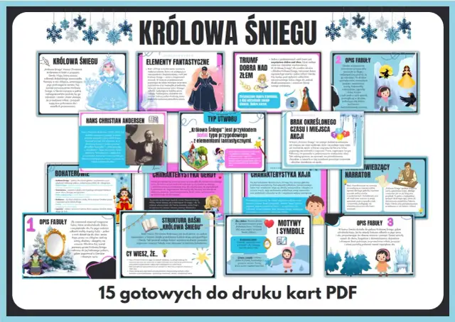 Królowa Śniegu: karty PDF z analizą baśni, postaci i motywów. Odkryj świat Andersena i jego ponadczasowe przesłanie o sile dobra.