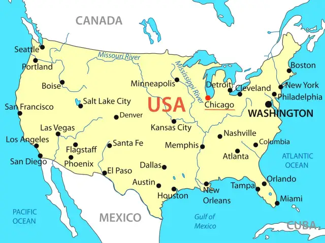 Mapa USA z zaznaczonym Chicago. Miasto leży nad jeziorem Michigan, na północny zachód od Waszyngtonu.