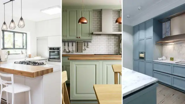 Tres cocinas con diferentes colores para pintar muebles de cocina: blanco moderno, verde menta y azul pastel.