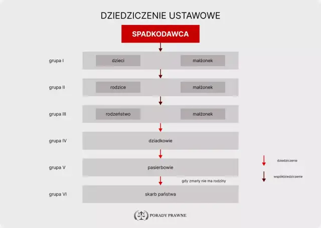 Schemat dziedziczenia ustawowego: od spadkodawcy przez dzieci, rodziców, rodzeństwo, dziadków, pasierbów aż do skarbu państwa.