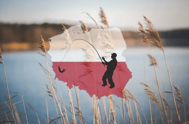 Sylwetka wędkarza łowiącego rybę na tle mapy Polski z flagą.