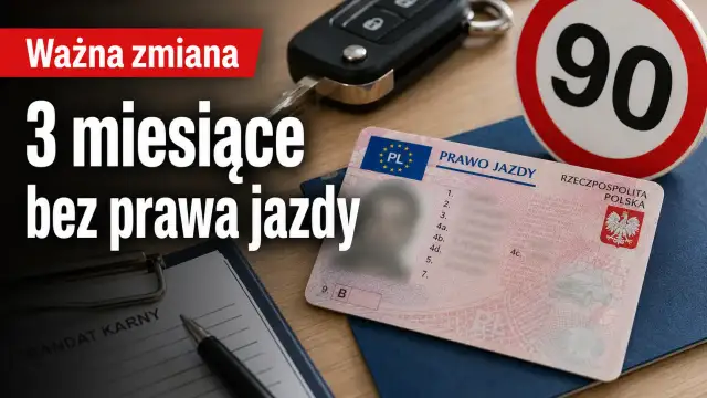 Kluczyki, prawo jazdy i znak 90. Na pierwszym planie formularz "Mandat karny". Grozi 3 miesiące bez prawa jazdy.