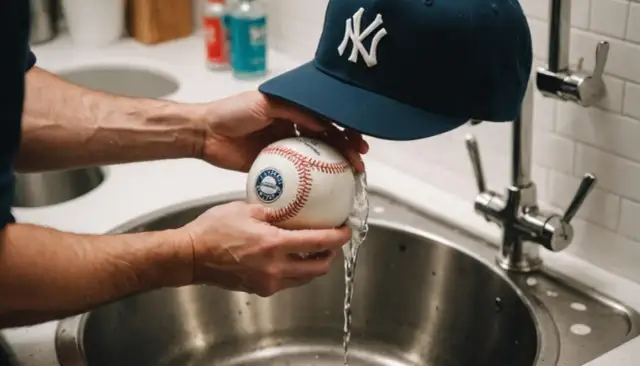 Czyszczenie czapki z daszkiem i piłki baseballowej pod bieżącą wodą.