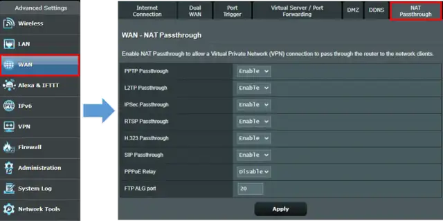 Ustawienia routera: sekcja WAN - NAT Passthrough, opcja PPPoE Relay ustawiona na "Disable".