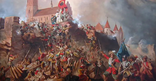Obraz przedstawia bitwę o zamek, gdzie żołnierze w historycznych strojach walczą o mury. Scena oddaje dynamikę potopu wydarzeń historycznych.