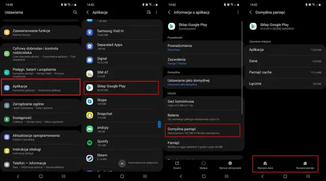 Szukasz informacji o **sklep play aktualizacja**? Na zrzutach ekranu widać ścieżkę do ustawień aplikacji Sklep Google Play, gdzie można sprawdzić zajmowane miejsce i wyczyścić dane.