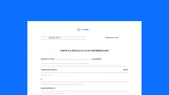 Formularz umowy o pracę na czas nieokreślony, gotowy do wypełnienia.