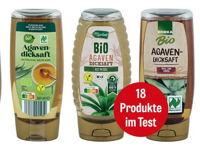 Drei Flaschen Bio-Agavendicksaft, ein natürliches Süßungsmittel. Was ist Agavendicksaft? Ein süßer Saft aus der Agavenpflanze, ideal zum Verfeinern.