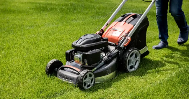 Osoba prowadzi kosiarkę rotacyjną spalinową po soczyście zielonym trawniku.