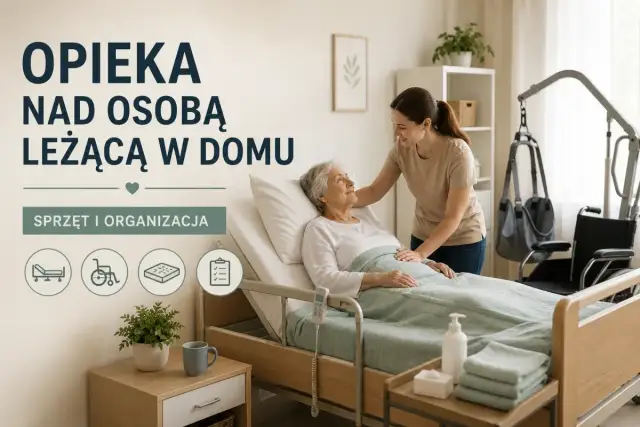 Opieka nad osobą leżącą w domu: sprzęt i organizacja. Młoda kobieta troskliwie pochyla się nad starszą panią w łóżku.