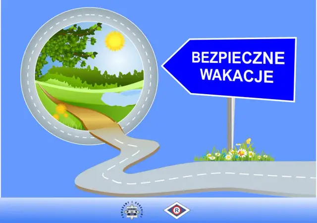 Droga prowadząca do zielonego krajobrazu pod znakiem "Bezpieczne wakacje".