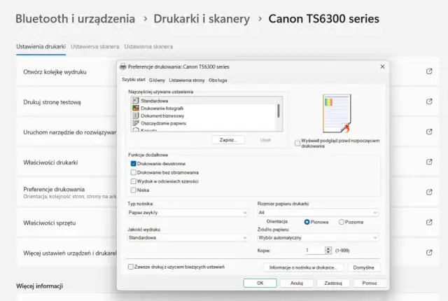 Ustawienia drukowania dwustronnego w oknie Preferencje drukowania Canon TS6300 series.