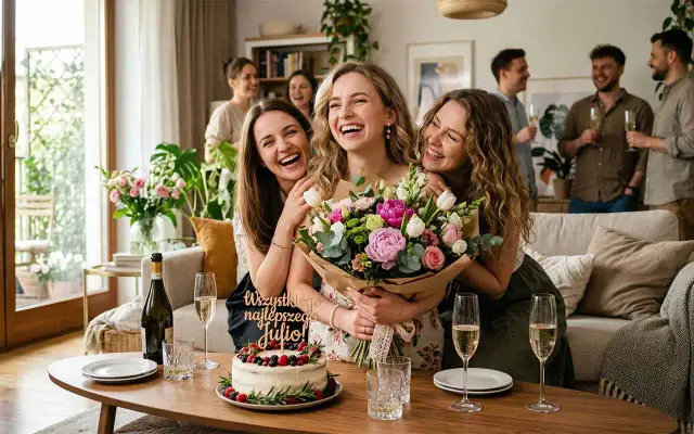 Radosne świętowanie imienin Julii! Trzy przyjaciółki śmieją się, trzymając bukiet kwiatów. Na stole tort i szampan.