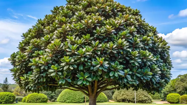 Magnífico árbol frondoso, ideal como uno de los árboles para jardín, con hojas verdes brillantes y un cielo azul con nubes.