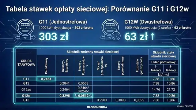 Porównanie taryfy G11 i G12w: G12w jest tańsza, kosztuje 63 zł za 1000 kWh, podczas gdy G11 to 303 zł.