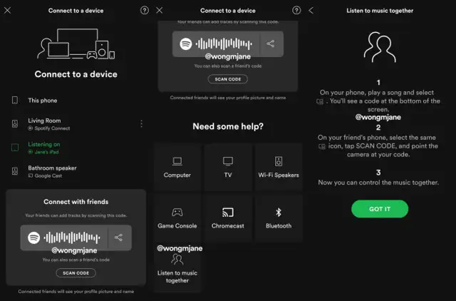 Ekran Spotify z kodem QR do wspólnego słuchania muzyki i opcjami połączenia urządzeń.