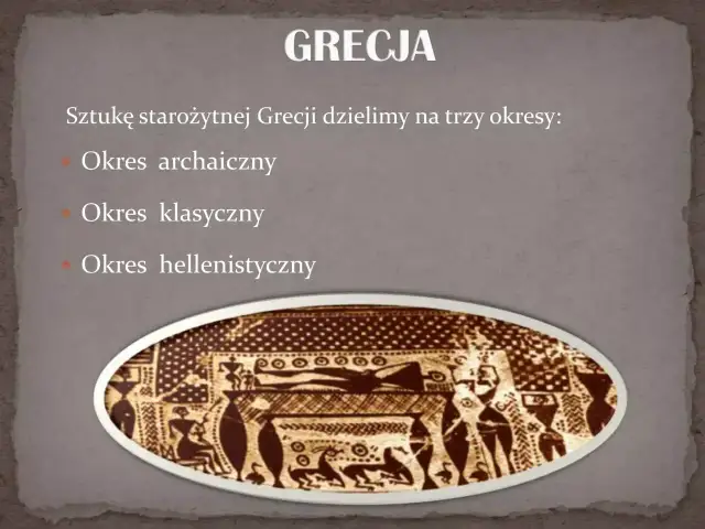 Grafika przedstawia podział sztuki starożytnej Grecji na okresy: archaiczny, klasyczny i hellenistyczny. Widoczny fragment zdobienia nawiązuje do cech rzeźby antycznej.