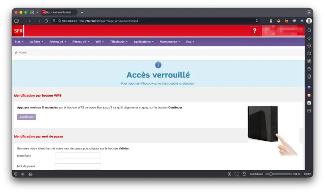 Accès verrouillé. Pour identifier votre Box, appuyez sur le bouton WPS jusqu'à ce qu'il clignote. Une image montre un doigt appuyant sur le bouton WPS.