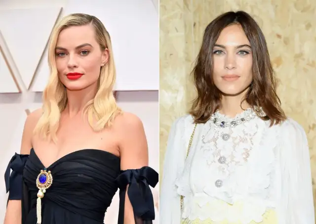 Margot Robbie z blond włosami i przedziałkiem z boku, Alexa Chung w białej koronkowej bluzce.