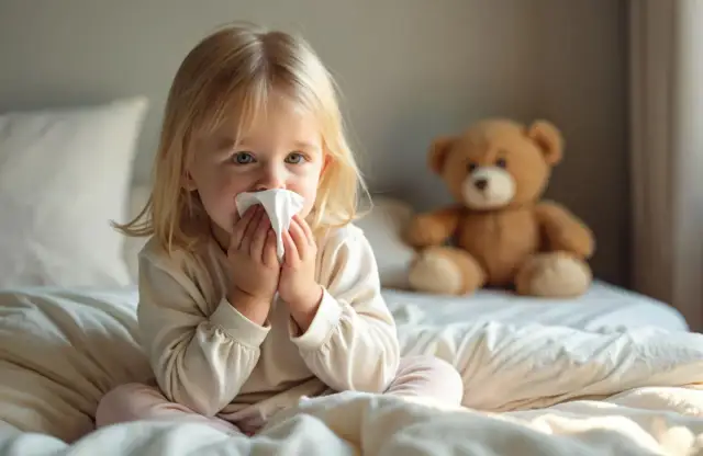 Kleines Mädchen mit Taschentuch vor der Nase sitzt im Bett, Teddybär im Hintergrund.