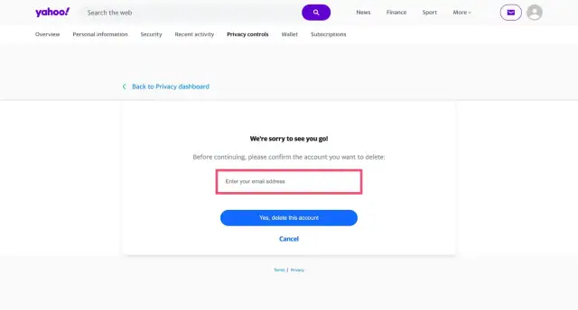 Page de confirmation pour comment supprimer une adresse mail Yahoo. Saisissez votre adresse pour effacer le compte.