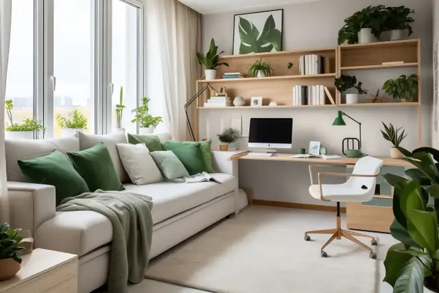 Miękka sofa z zielonymi poduszkami i dywanem pomogą Ci jak wyciszyć pokój domowym sposobem.