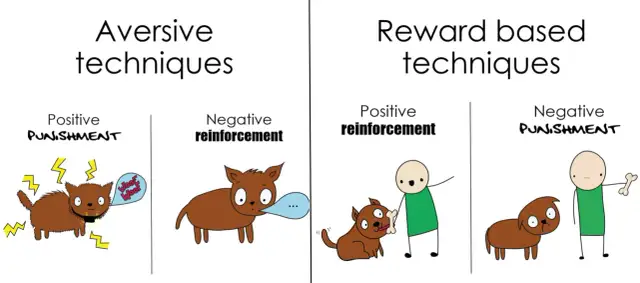 Ilustración compara técnicas aversivas (castigo positivo, refuerzo negativo) con técnicas basadas en recompensa (refuerzo positivo, castigo negativo).