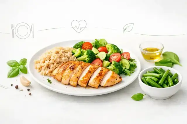 Lekkostrawny obiad: grillowana pierś kurczaka, brązowy ryż, sałatka z brokułów i pomidorów, fasolka szparagowa. Zdrowo i smacznie!