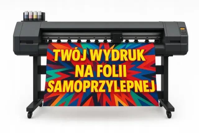 Drukarka wielkoformatowa z kolorowym wydrukiem na folii samoprzylepnej.