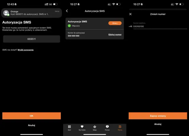 Jak sprawdzić numer Orange? Na ekranie widać kod autoryzacyjny SMS 669511 i numer telefonu do autoryzacji.