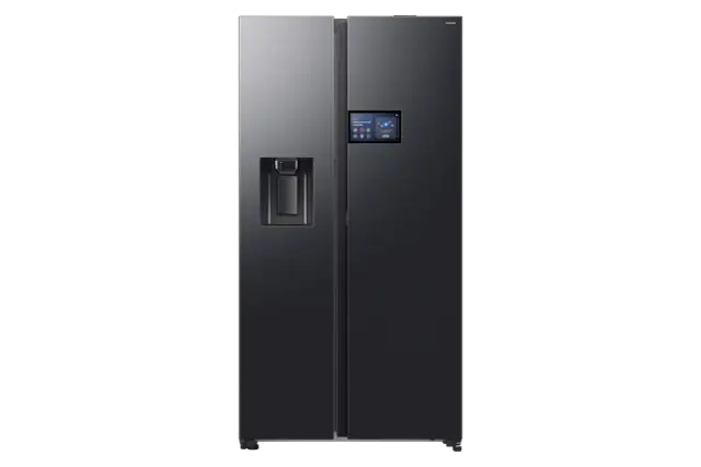 Czarny, dwudrzwiowy Samsung z ekranem dotykowym. Zastanawiasz się, ile waży duża lodówka? Ten model to ok. 130 kg.