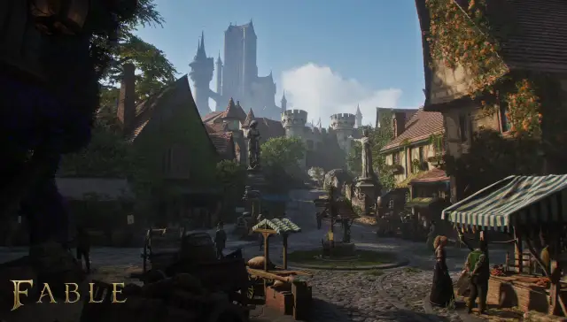 Urocza wioska z kamiennymi domami i zamkiem w tle, jak z gry Fable 2 PC.